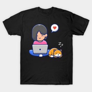 Cute girl operating laptop cartoon T-Shirt